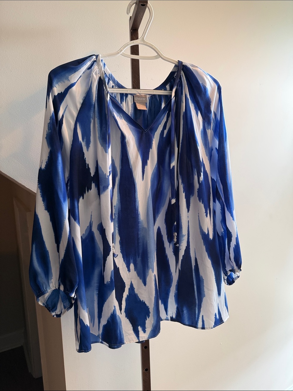 Chico's Blue and White V-Neck Tie-Front Blouse